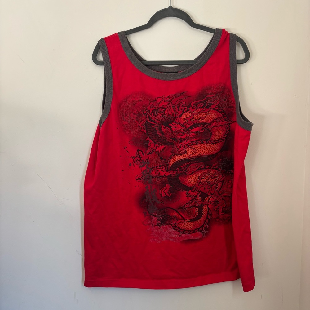 Vintage Y2K Men's Red Dragon Graphic Tank Top